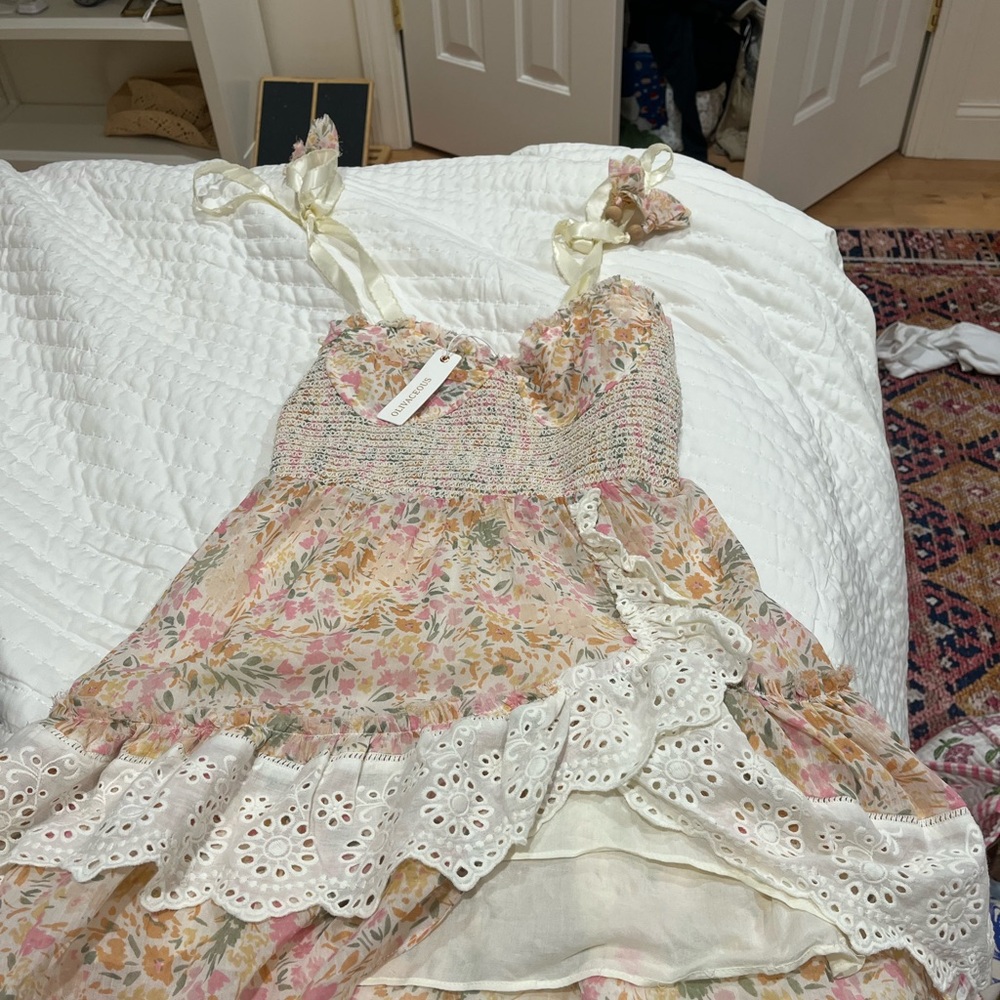 Olivaceous Multicolor Floral Kids Dress with Eyelet Trim